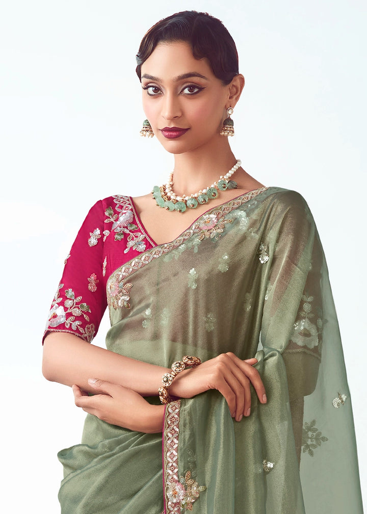 Moss Green Tissue Saree with Floral Embroidery Design
