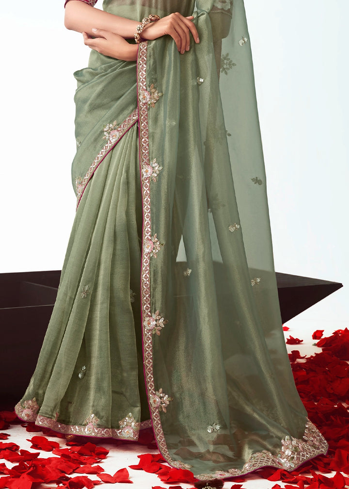 Moss Green Tissue Saree with Floral Embroidery Design