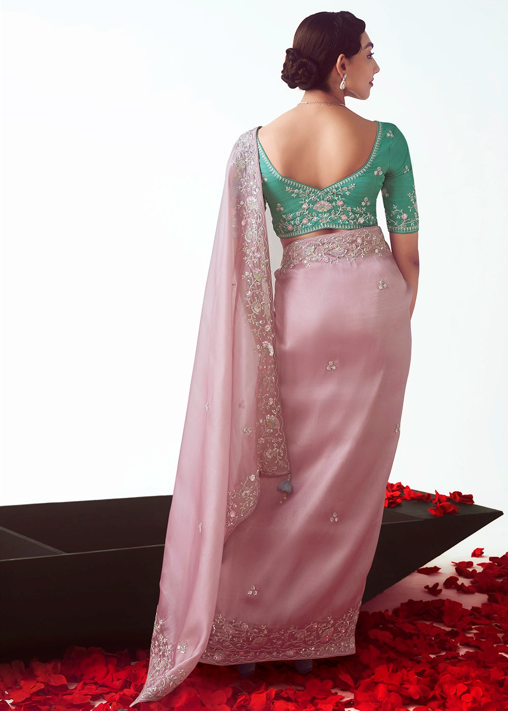 Baby Pink Tissue Saree with Floral Embroidery Design