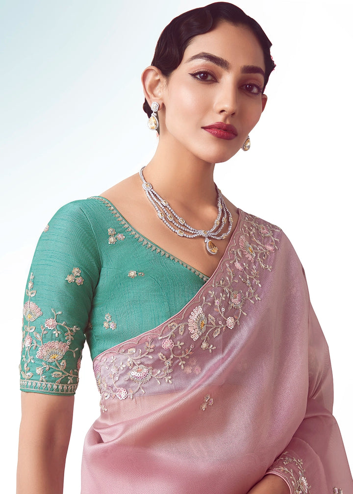 Baby Pink Tissue Saree with Floral Embroidery Design