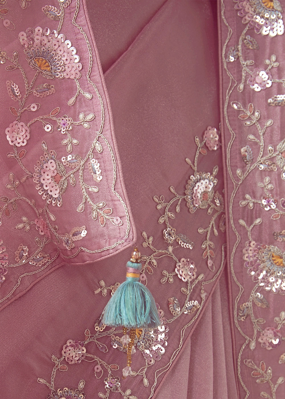 Baby Pink Tissue Saree with Floral Embroidery Design