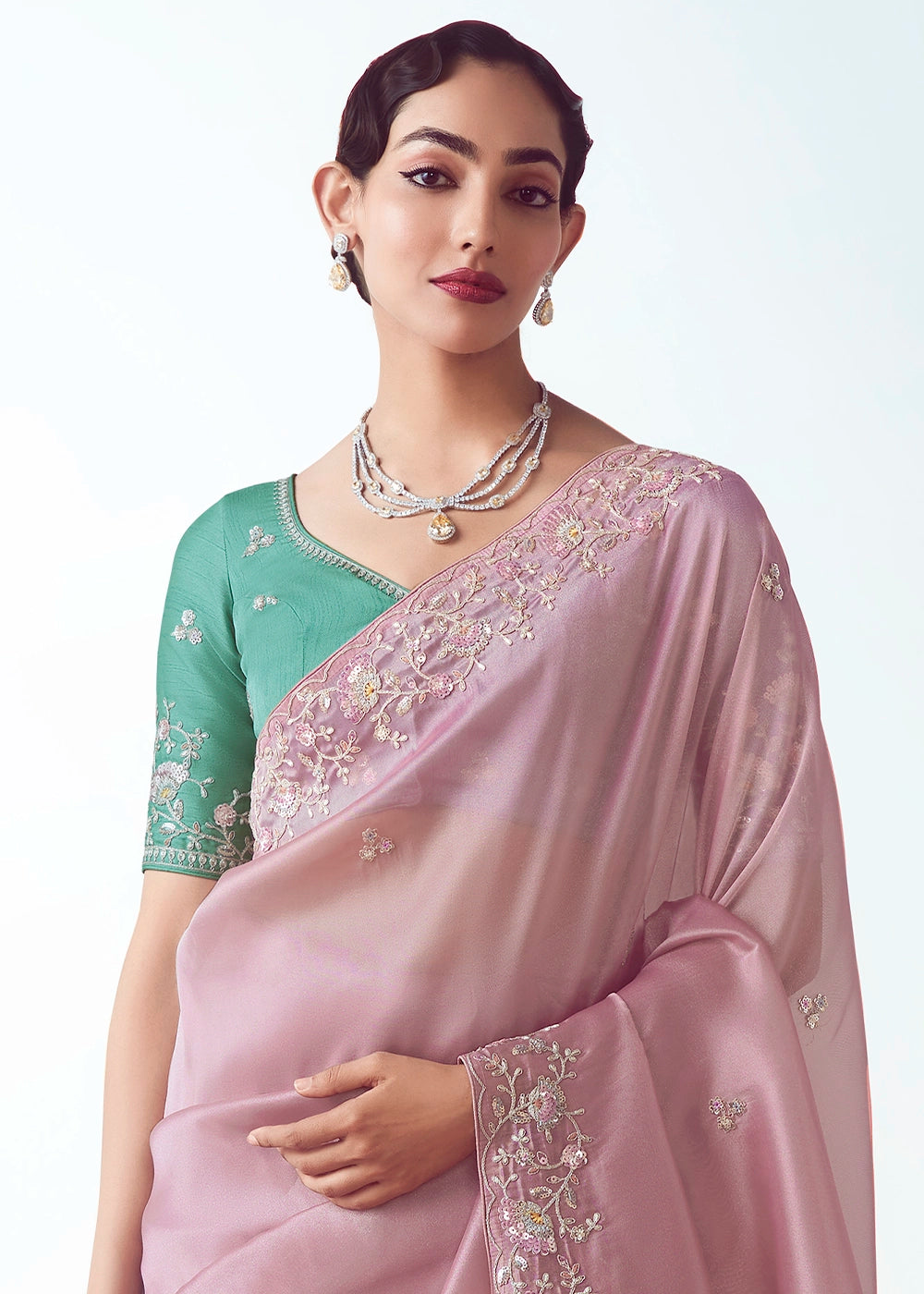 Baby Pink Tissue Saree with Floral Embroidery Design