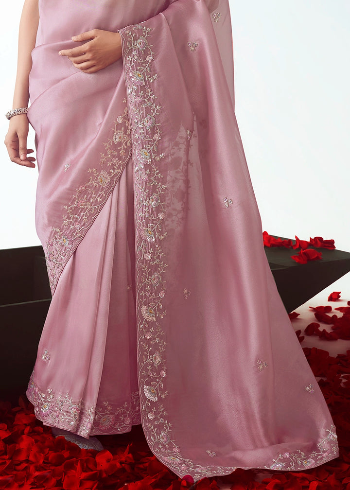 Baby Pink Tissue Saree with Floral Embroidery Design