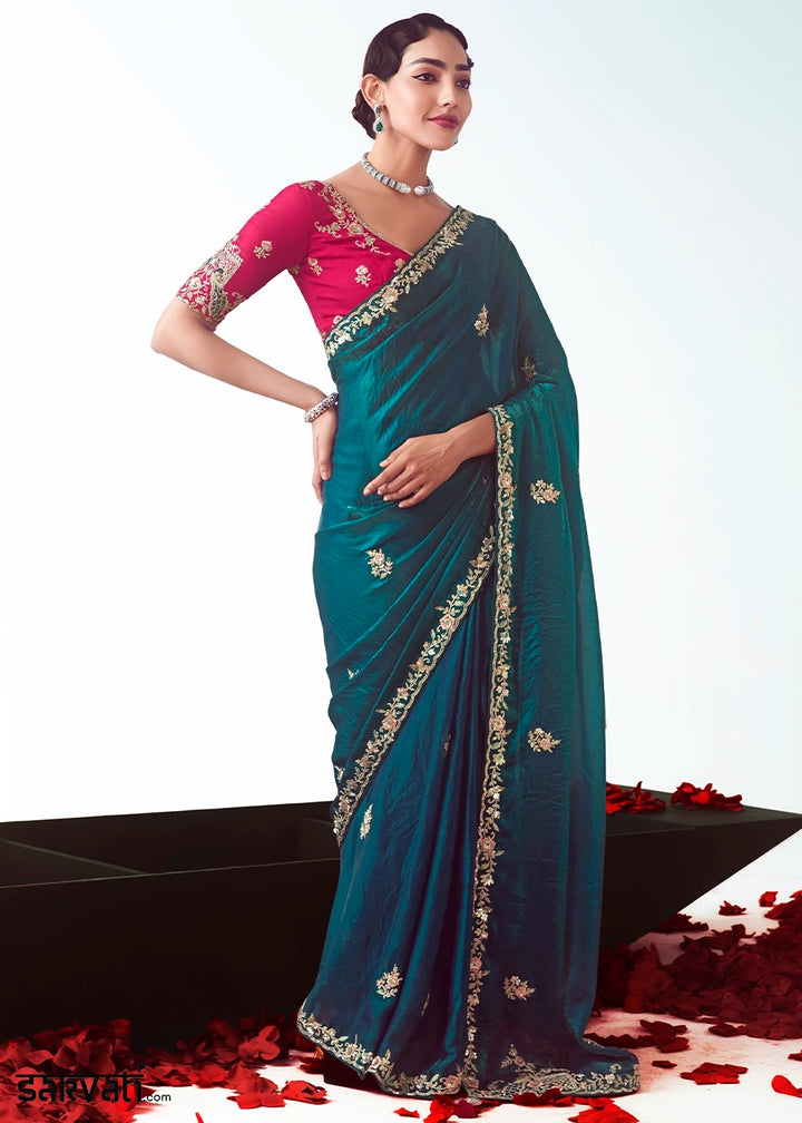 Peacock Blue Tissue Saree with Floral Embroidery Design