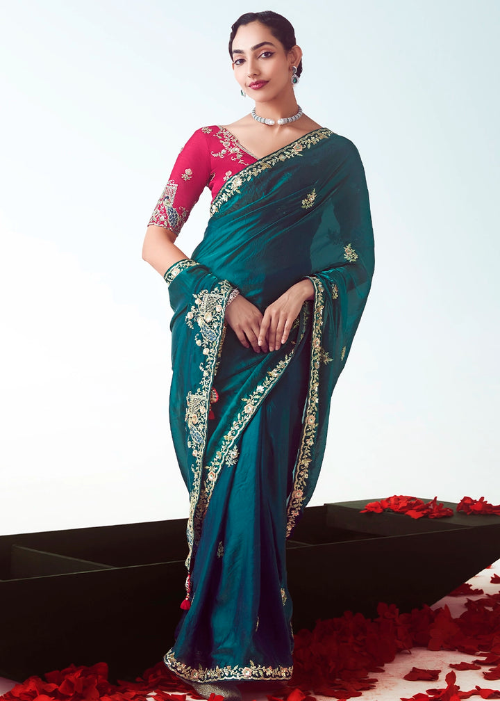 Peacock Blue Tissue Saree with Floral Embroidery Design