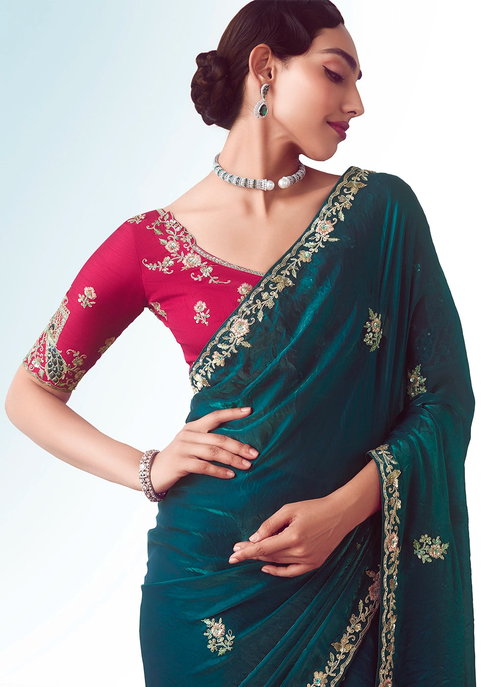 Peacock Blue Tissue Saree with Floral Embroidery Design