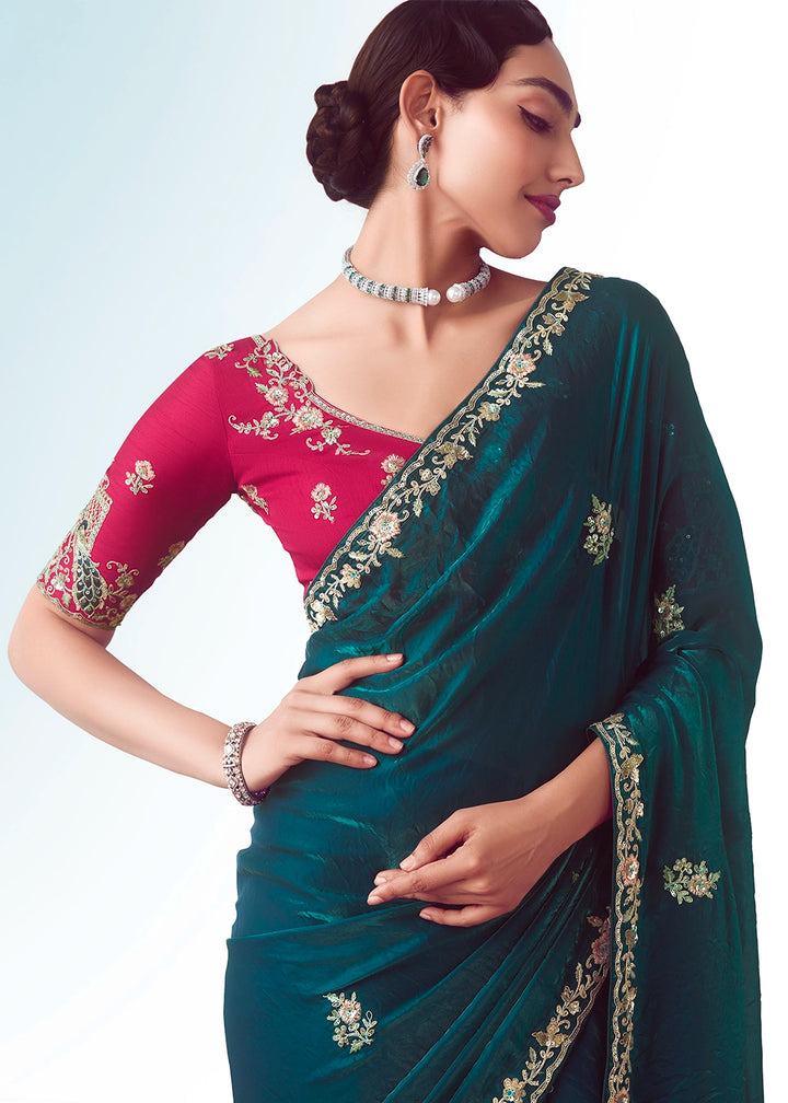 Peacock Blue Tissue Saree with Floral Embroidery Design
