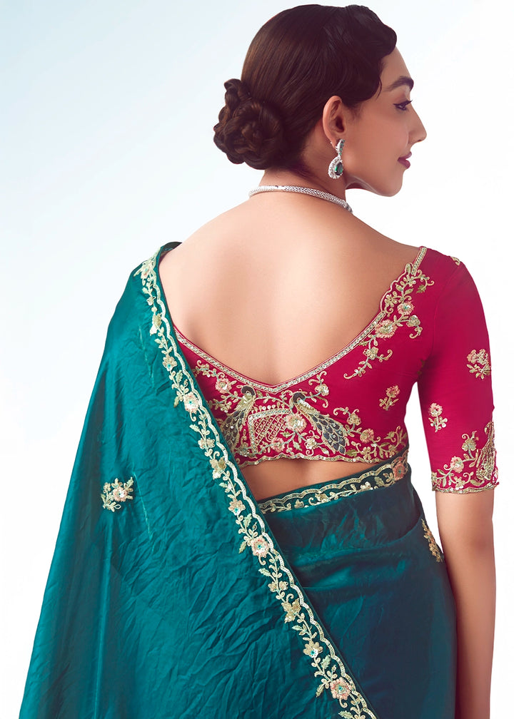 Peacock Blue Tissue Saree with Floral Embroidery Design