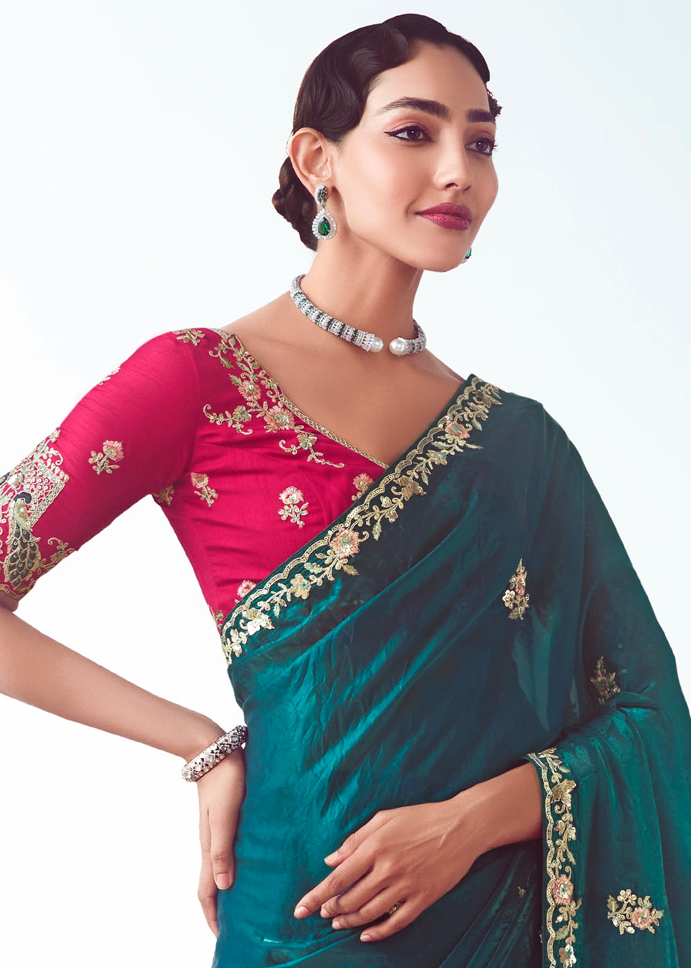 Peacock Blue Tissue Saree with Floral Embroidery Design