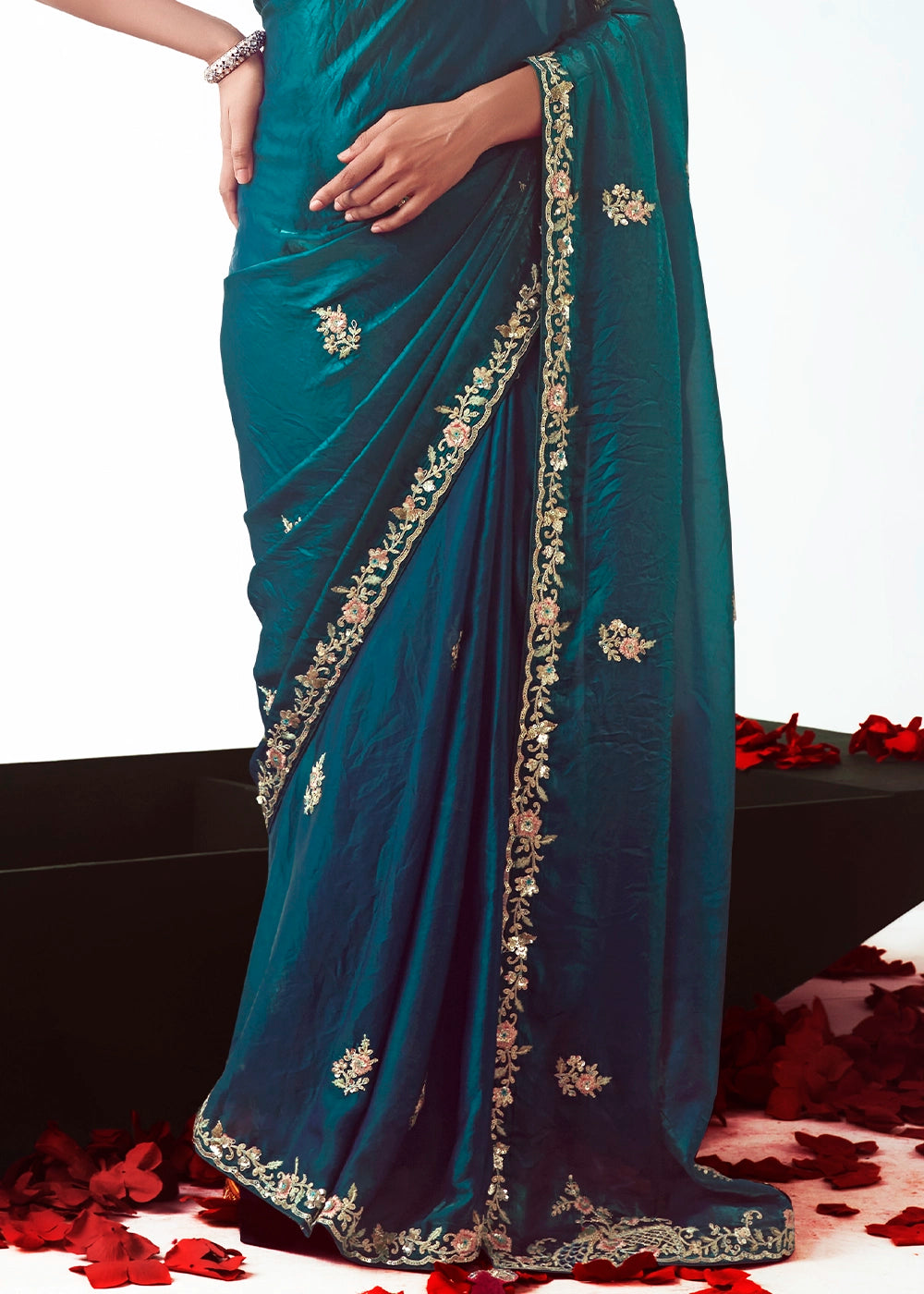 Peacock Blue Tissue Saree with Floral Embroidery Design