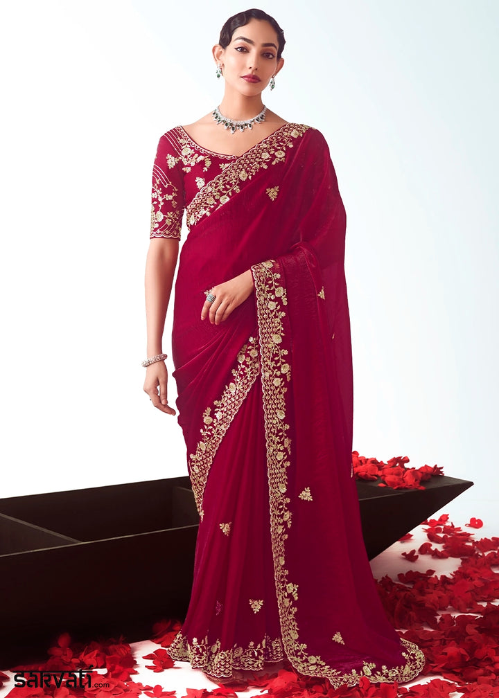 Crimson Red Tissue Saree with Floral Embroidery Design