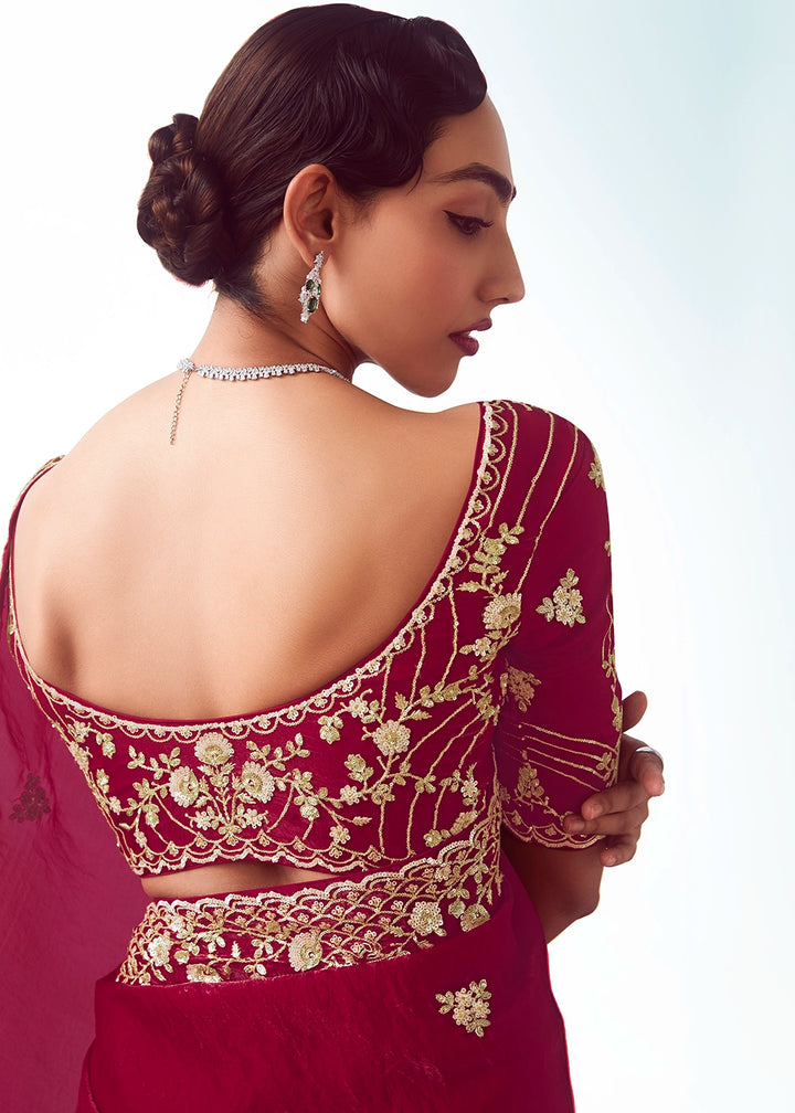 Crimson Red Tissue Saree with Floral Embroidery Design