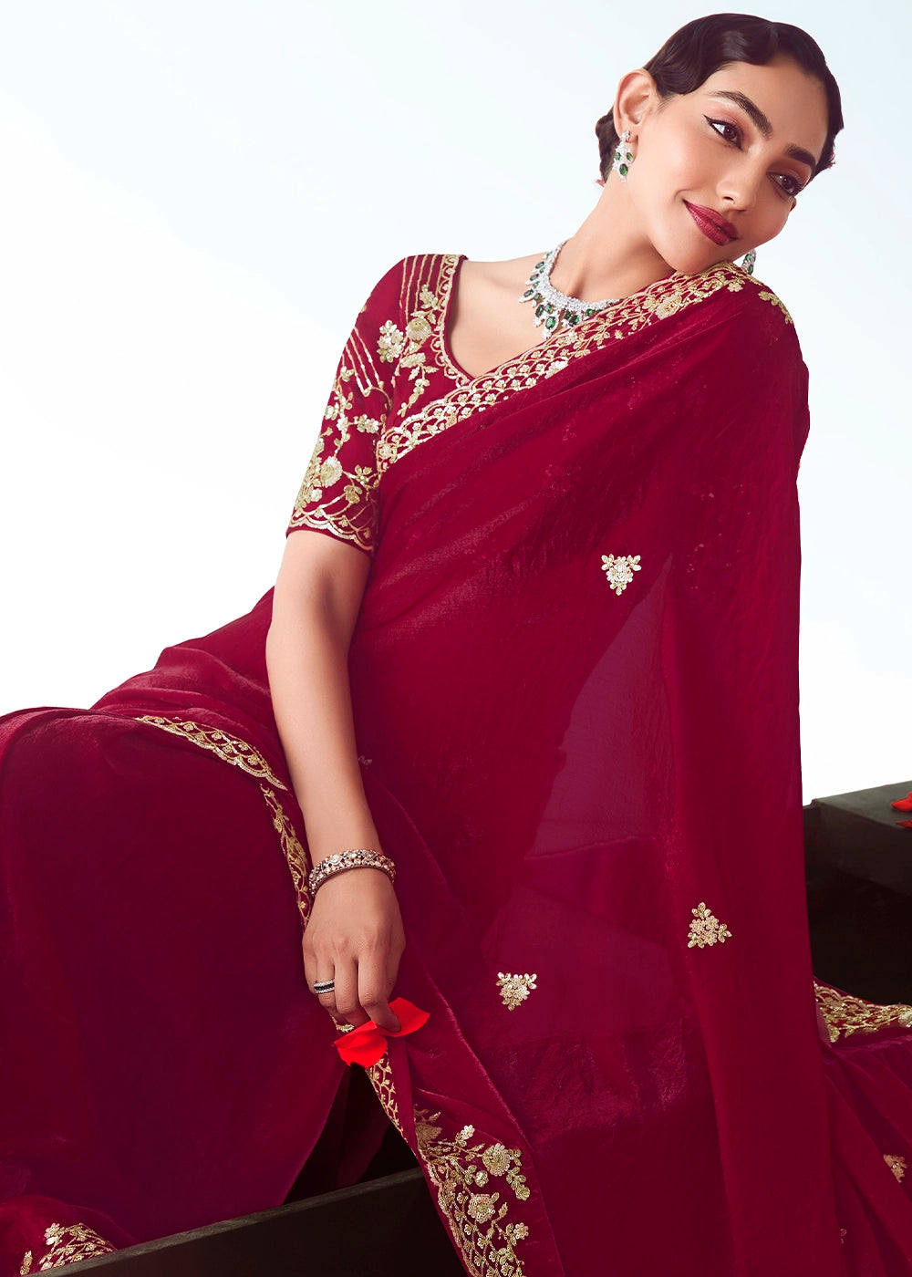 Crimson Red Tissue Saree with Floral Embroidery Design
