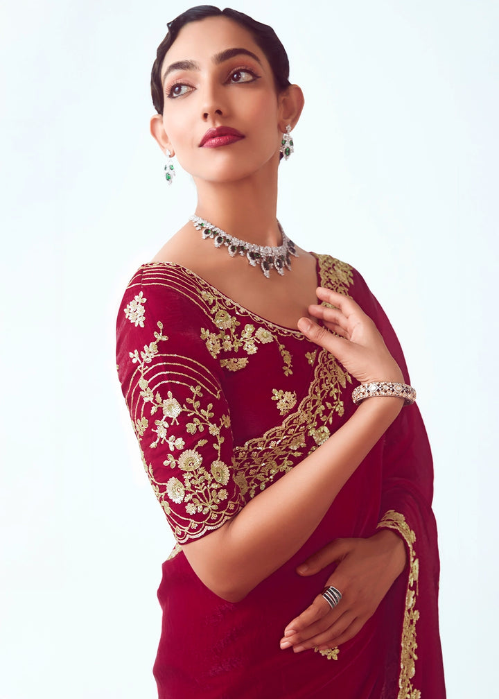 Crimson Red Tissue Saree with Floral Embroidery Design