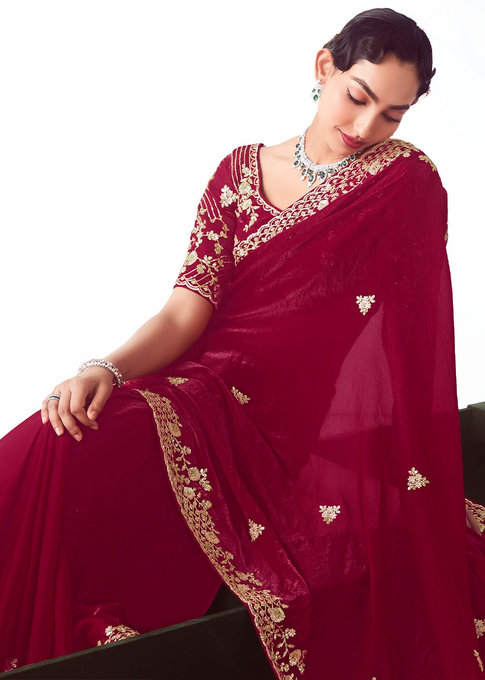 Crimson Red Tissue Saree with Floral Embroidery Design
