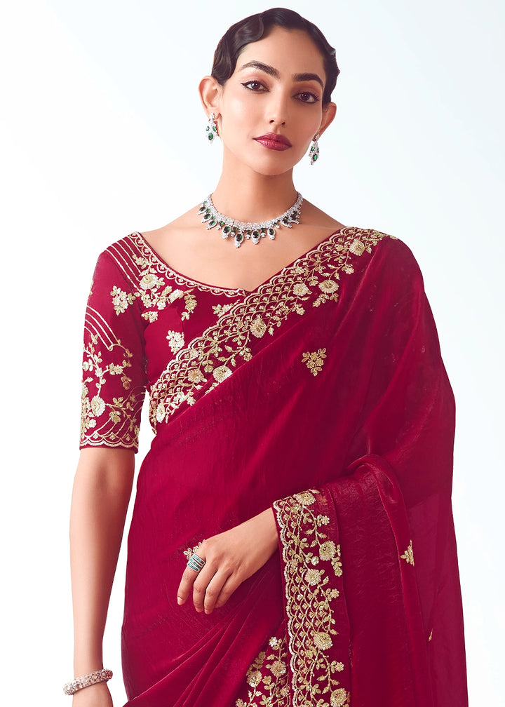 Crimson Red Tissue Saree with Floral Embroidery Design