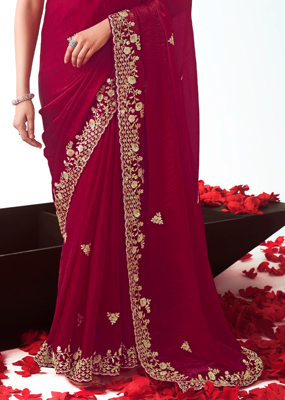 Crimson Red Tissue Saree with Floral Embroidery Design