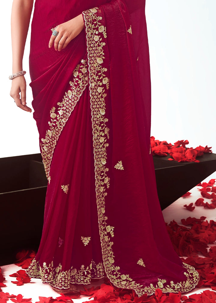Crimson Red Tissue Saree with Floral Embroidery Design