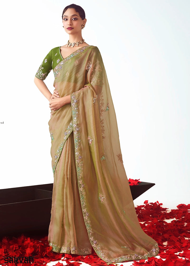 Gin Green Tissue Saree with Floral Embroidery Design