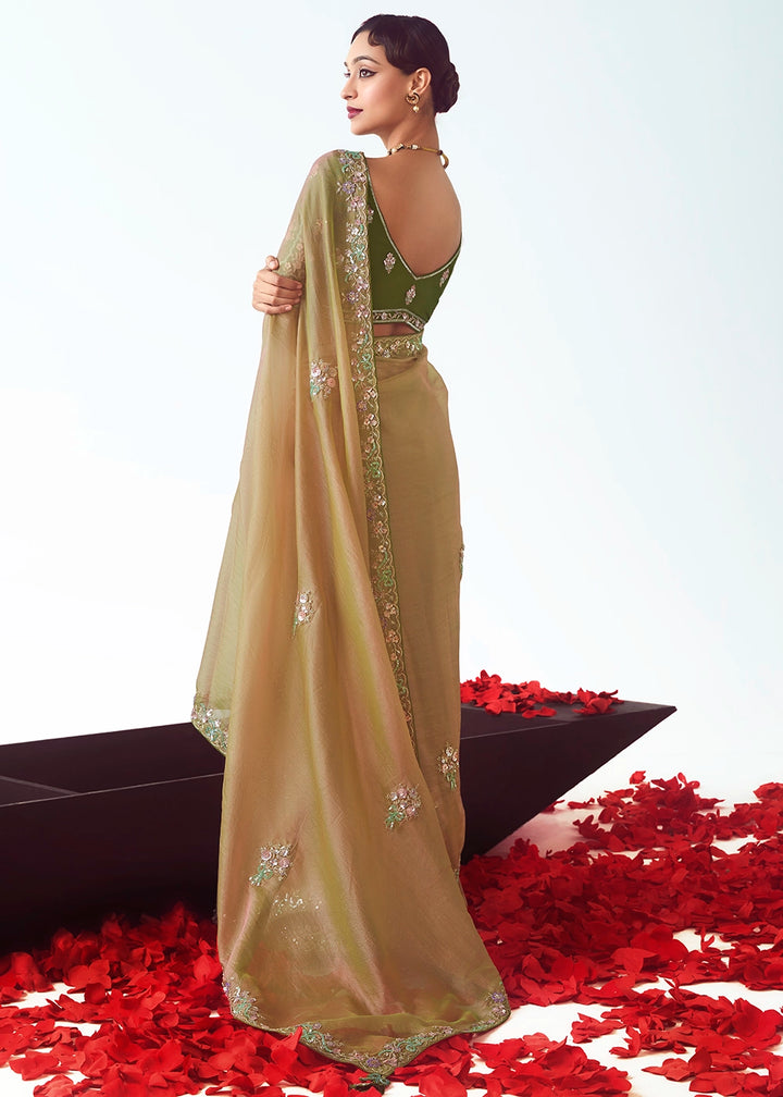 Gin Green Tissue Saree with Floral Embroidery Design