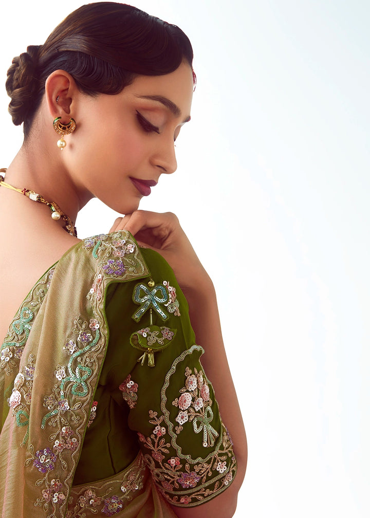 Gin Green Tissue Saree with Floral Embroidery Design