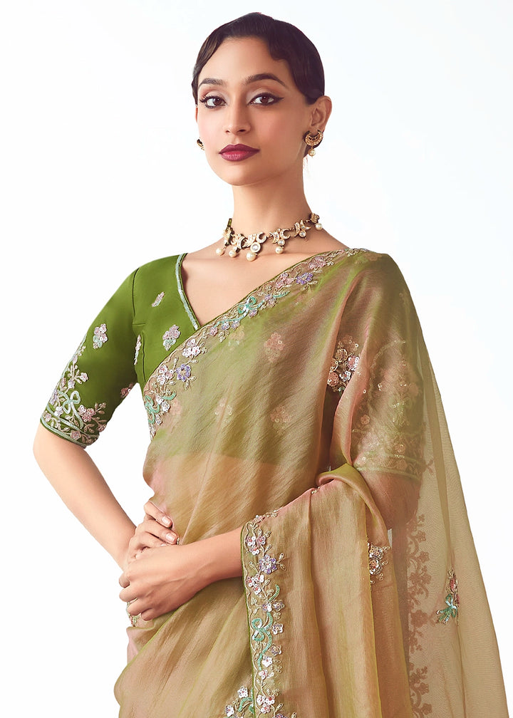 Gin Green Tissue Saree with Floral Embroidery Design