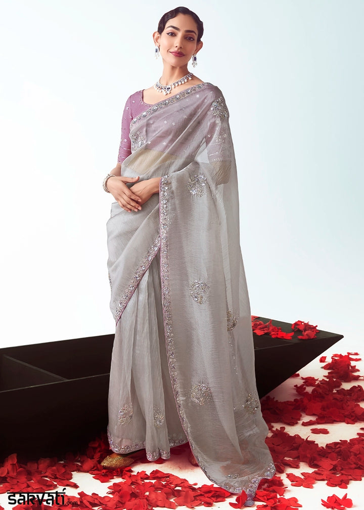 Light Grey Tissue Saree with Floral Embroidery Design