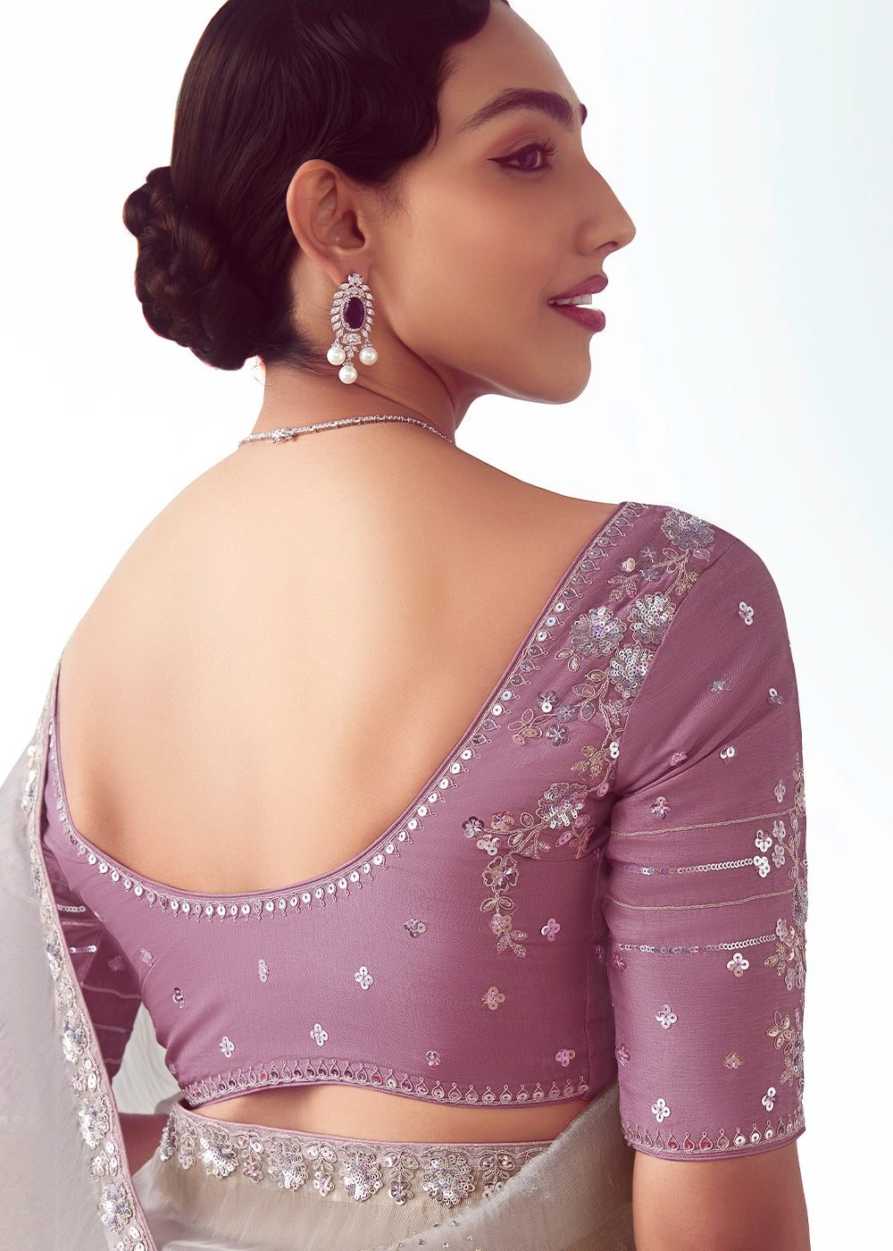 Light Grey Tissue Saree with Floral Embroidery Design