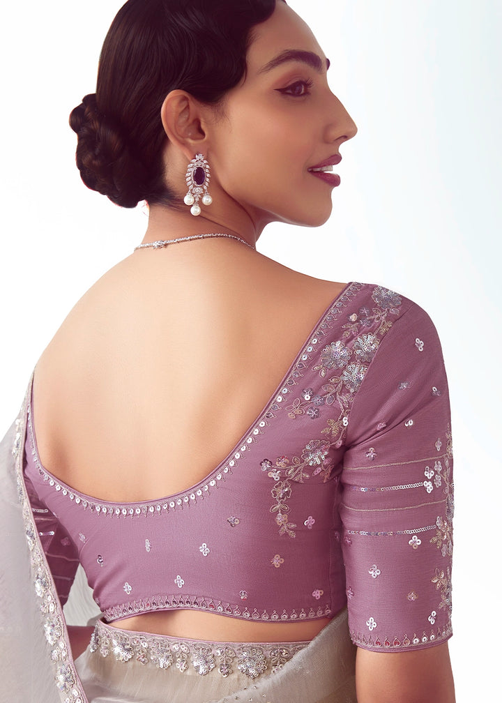Light Grey Tissue Saree with Floral Embroidery Design