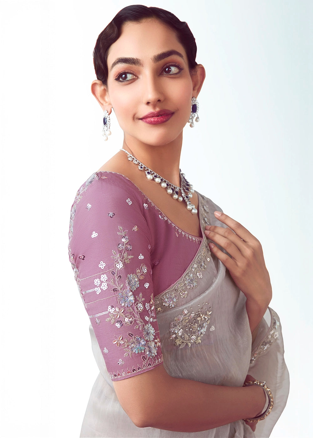 Light Grey Tissue Saree with Floral Embroidery Design