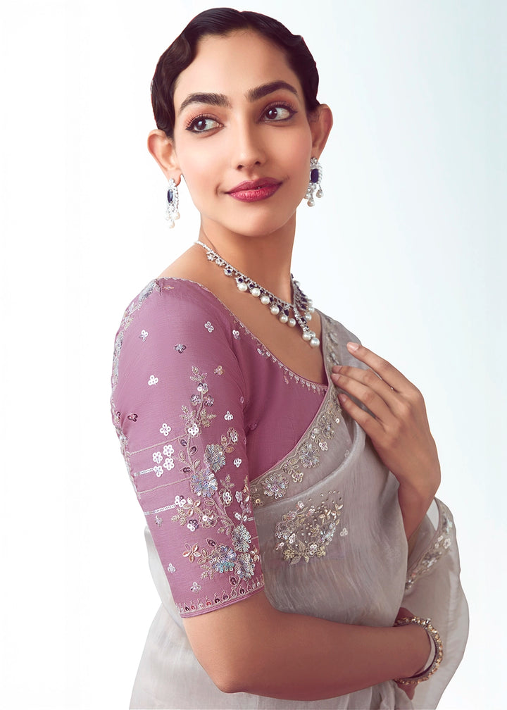 Light Grey Tissue Saree with Floral Embroidery Design