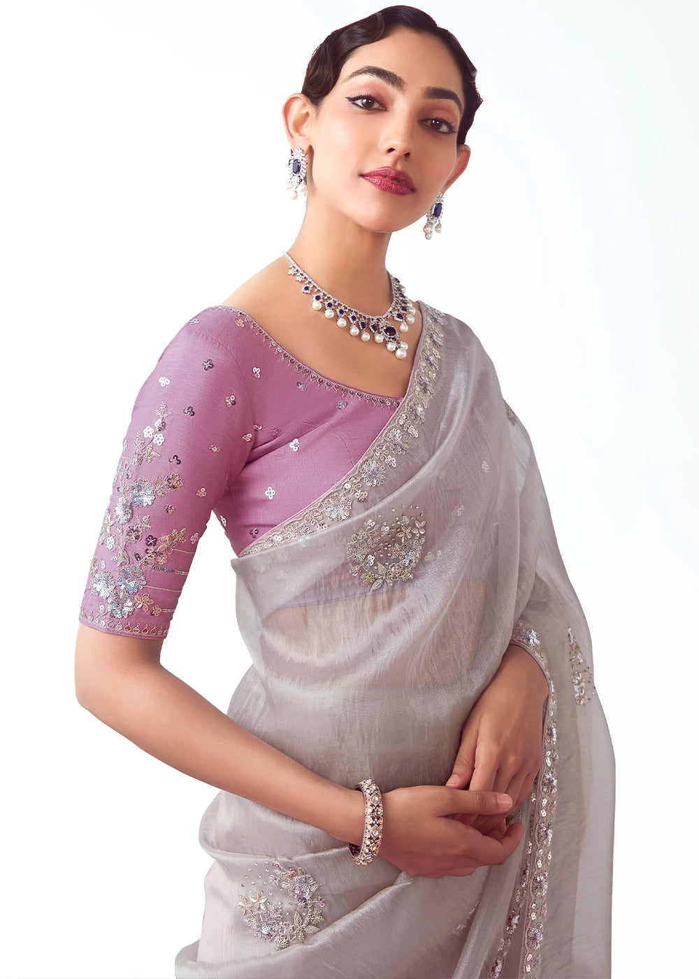 Light Grey Tissue Saree with Floral Embroidery Design