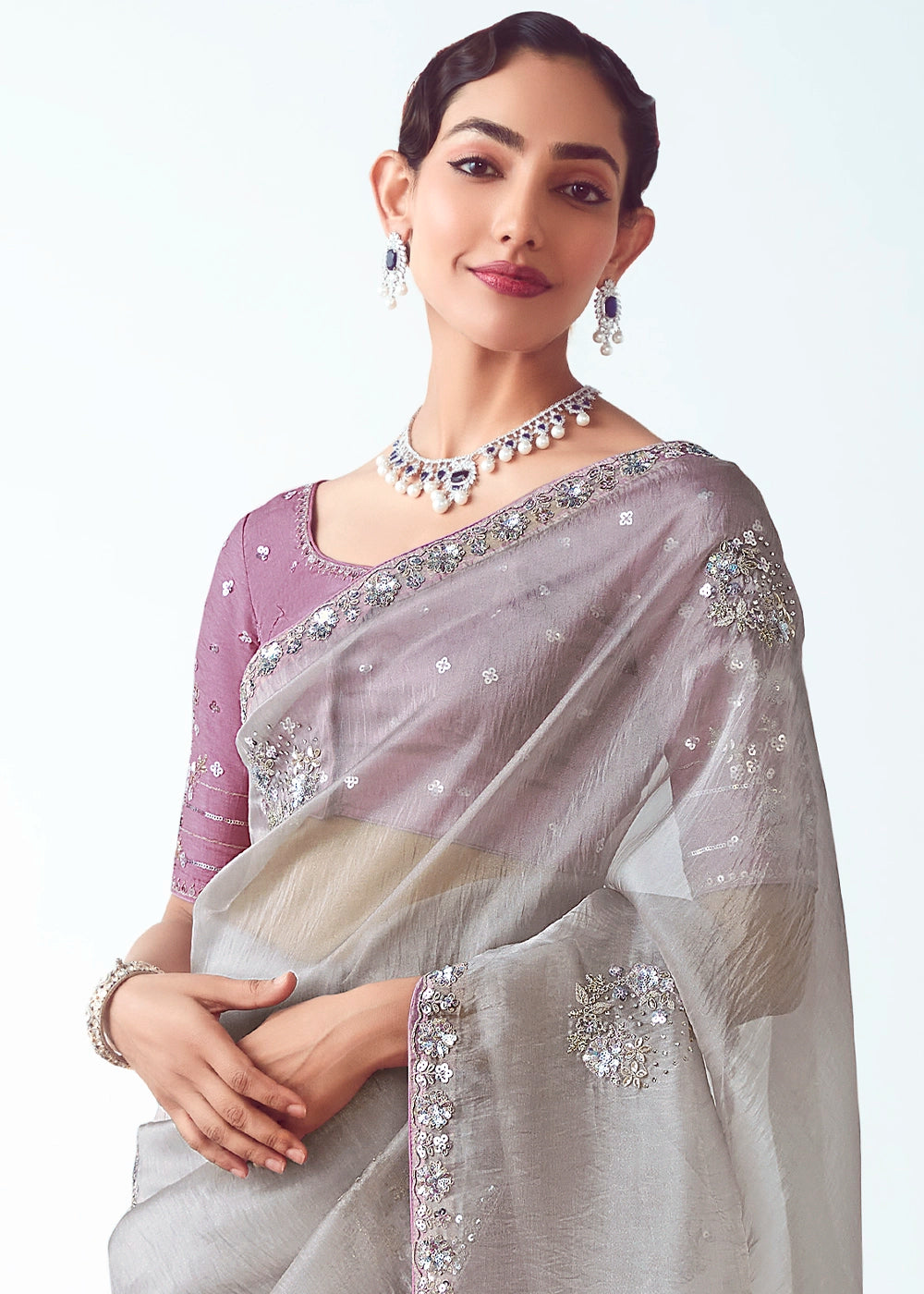 Light Grey Tissue Saree with Floral Embroidery Design