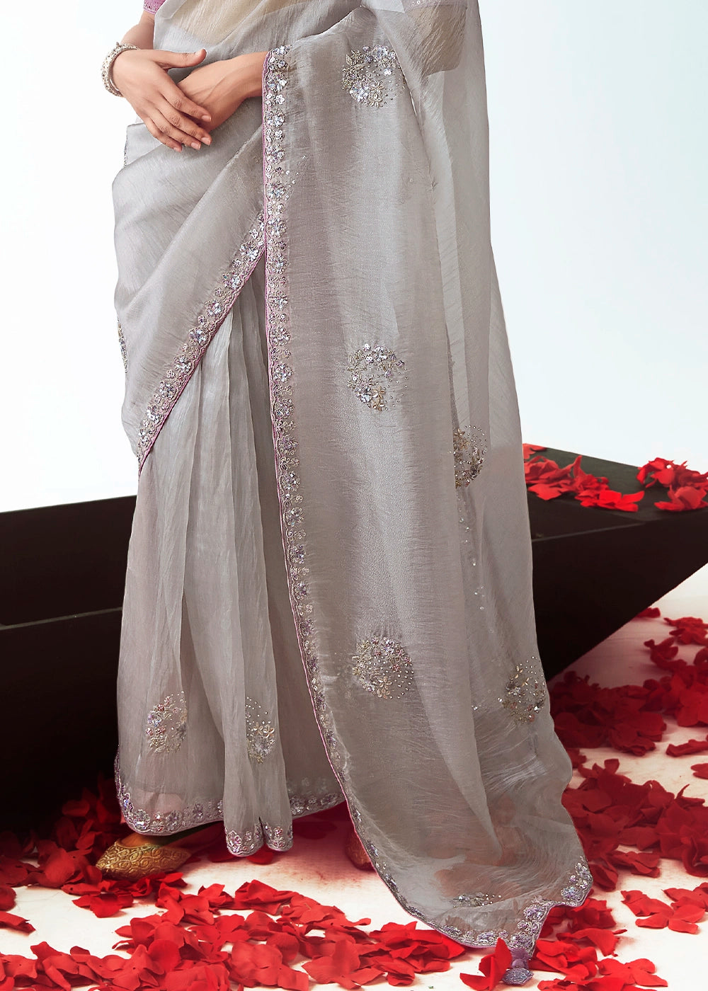 Light Grey Tissue Saree with Floral Embroidery Design