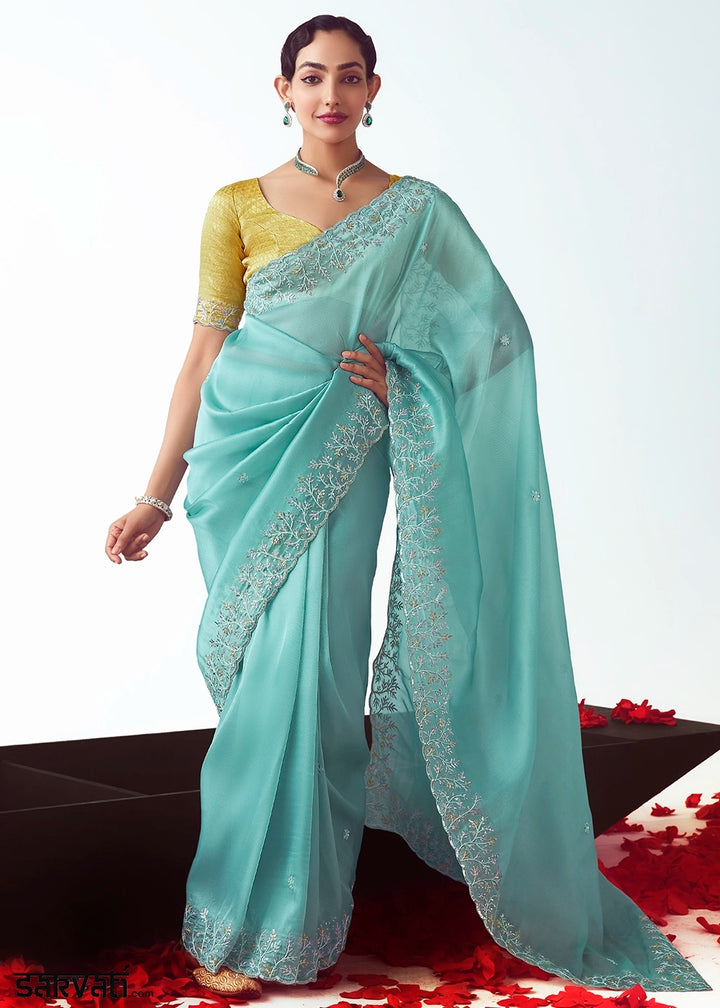 Celeste Blue Tissue Saree with Floral Embroidery Design