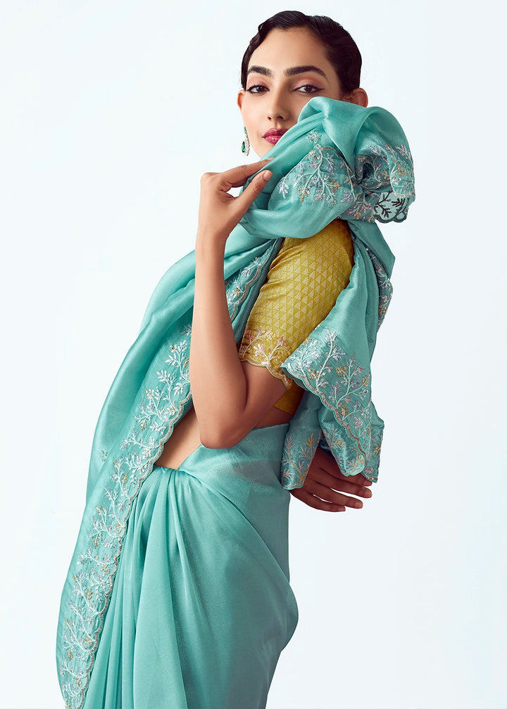 Celeste Blue Tissue Saree with Floral Embroidery Design