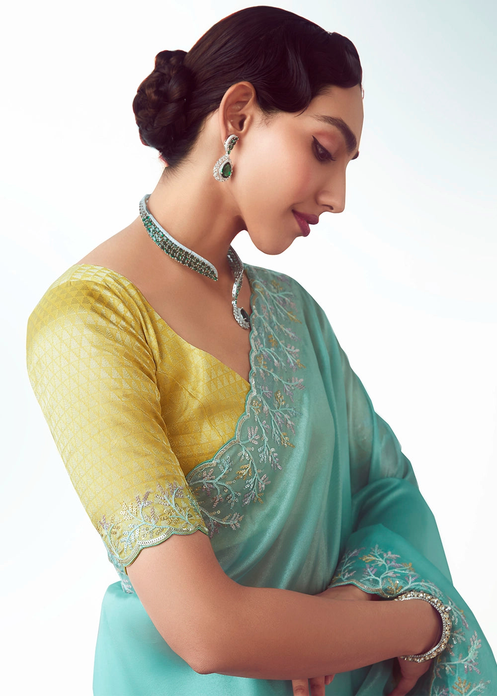 Celeste Blue Tissue Saree with Floral Embroidery Design