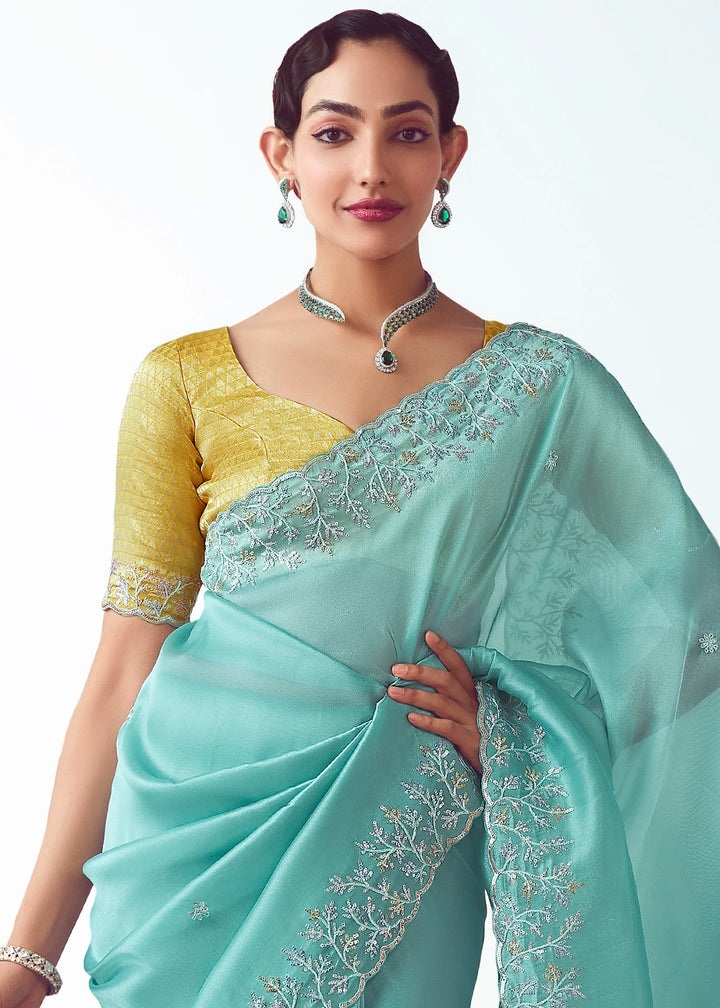 Celeste Blue Tissue Saree with Floral Embroidery Design