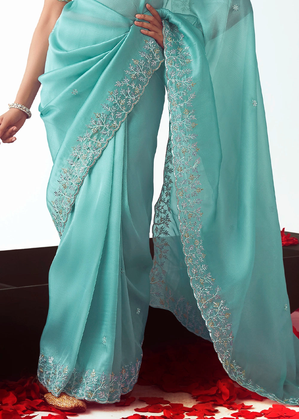 Celeste Blue Tissue Saree with Floral Embroidery Design