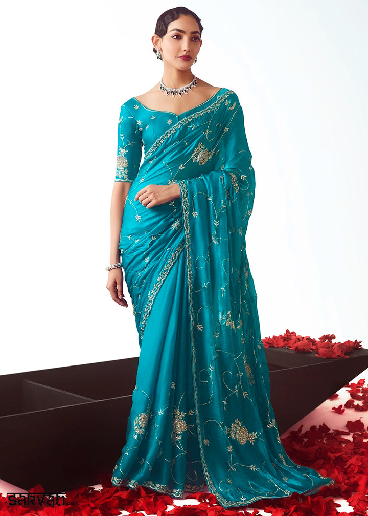 Curious Blue Tissue Saree with Floral Embroidery Design