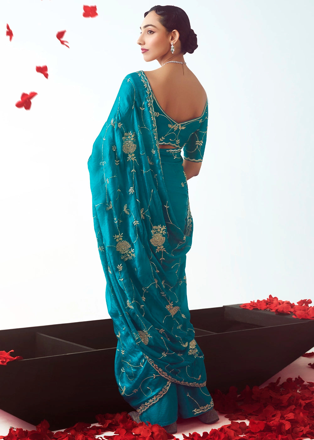 Curious Blue Tissue Saree with Floral Embroidery Design