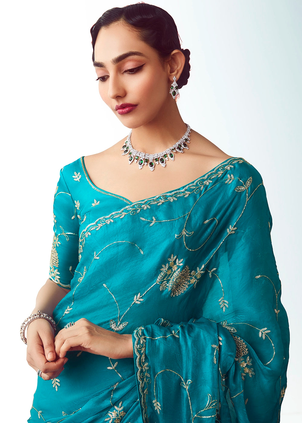 Curious Blue Tissue Saree with Floral Embroidery Design