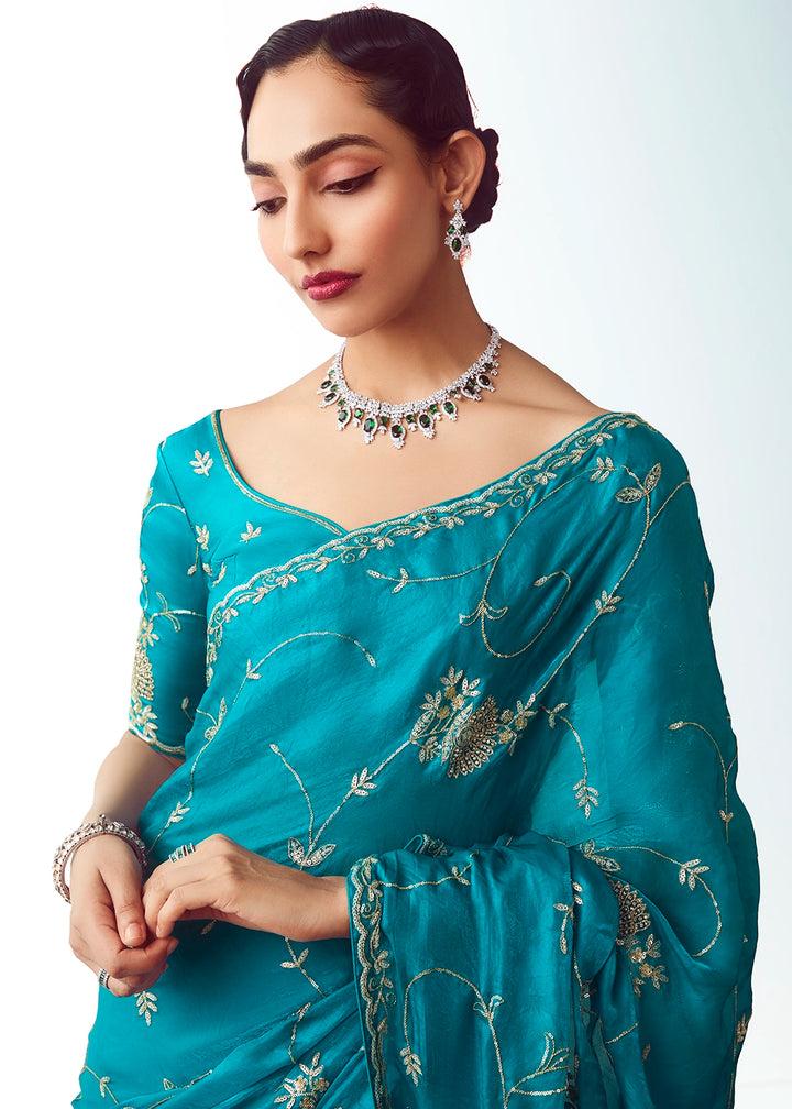 Curious Blue Tissue Saree with Floral Embroidery Design