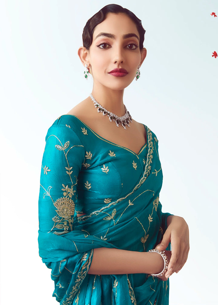 Curious Blue Tissue Saree with Floral Embroidery Design