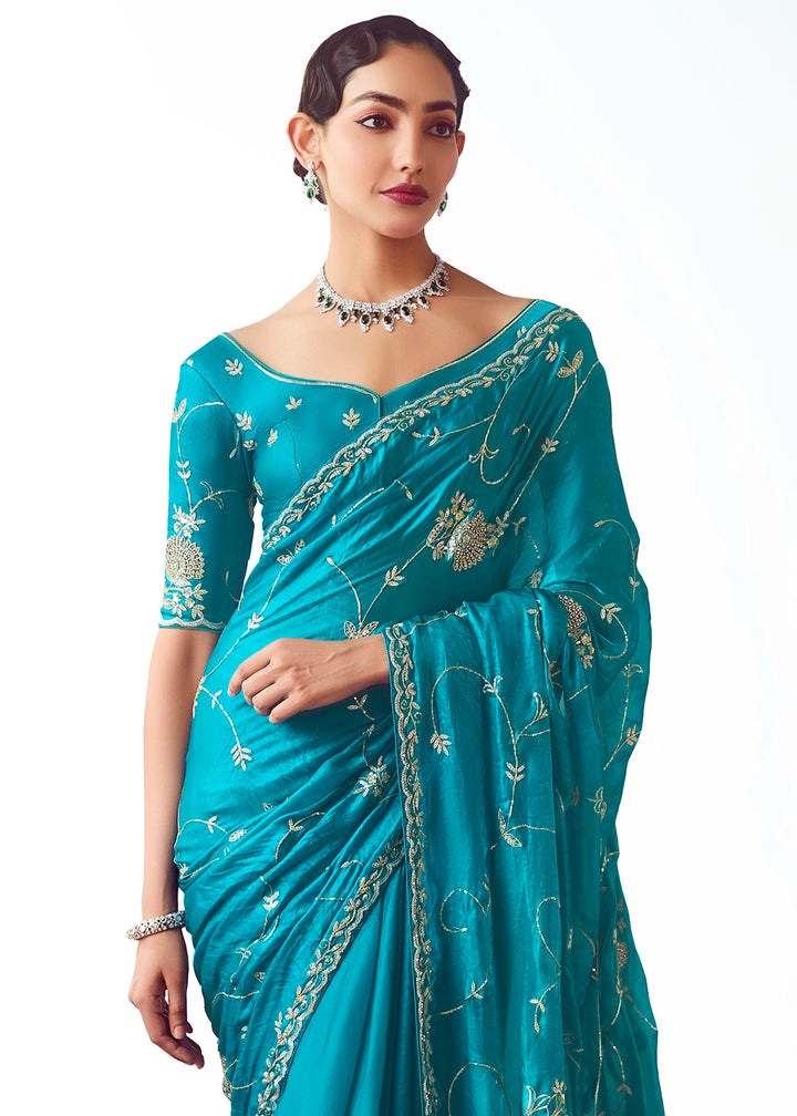 Curious Blue Tissue Saree with Floral Embroidery Design