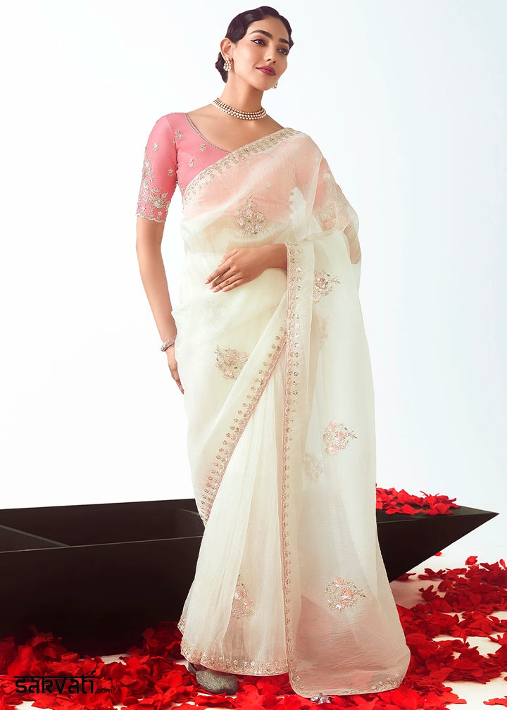 Pearl White Tissue Saree with Floral Embroidery Design