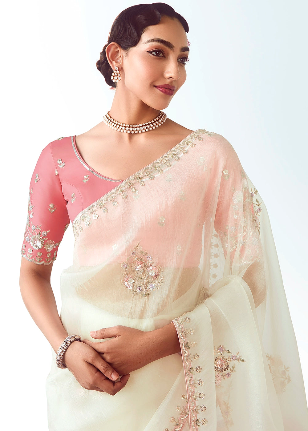 Pearl White Tissue Saree with Floral Embroidery Design