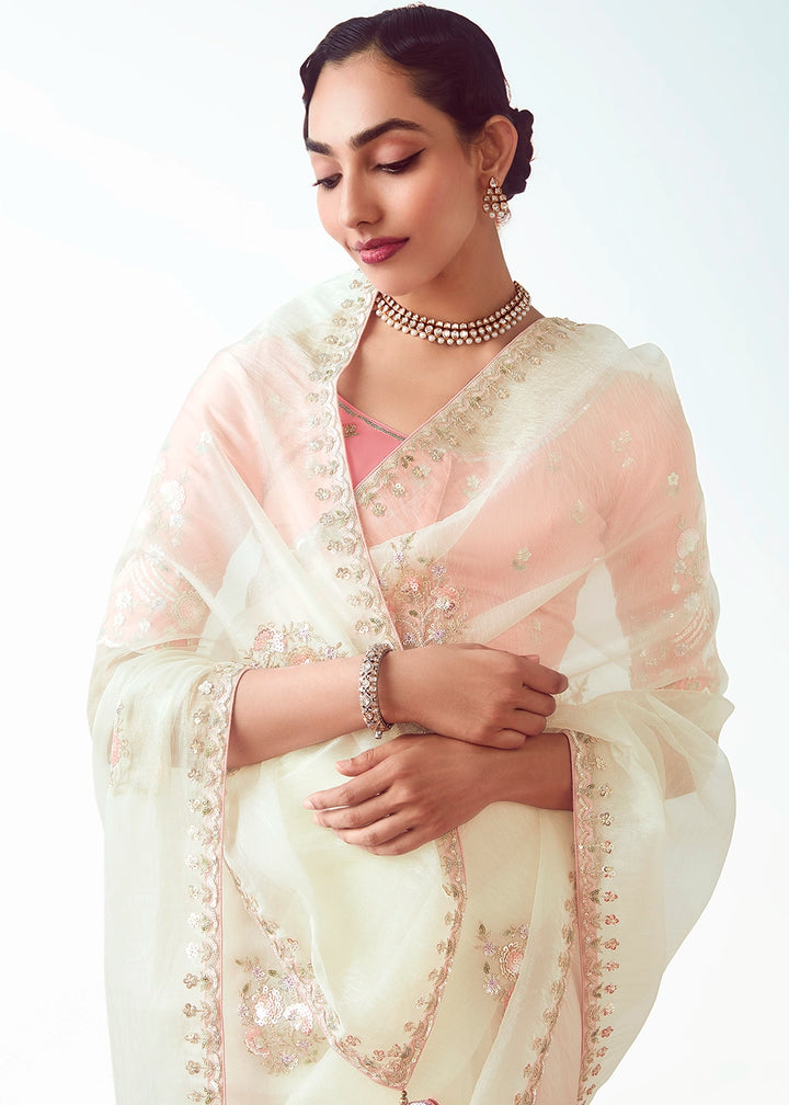 Pearl White Tissue Saree with Floral Embroidery Design