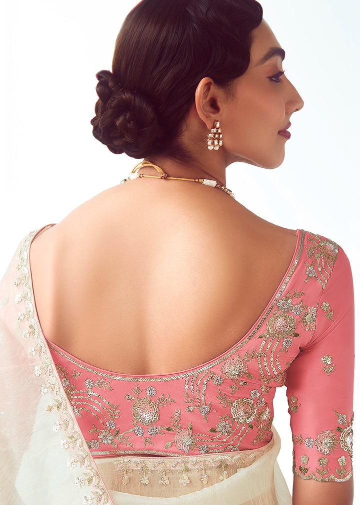 Pearl White Tissue Saree with Floral Embroidery Design