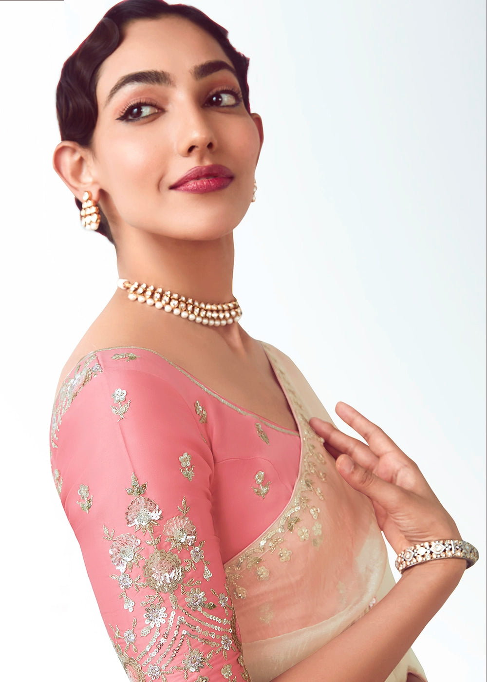 Pearl White Tissue Saree with Floral Embroidery Design
